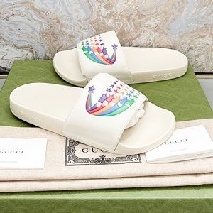 New! Gucci Rainbow Pursuit White Leather Slide Sandals